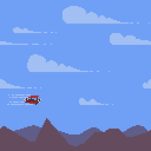 A GIF of pixel art airplane flying above the mountains in a cloudy sky. The clouds and the two layers of mountains move at different speeds in the opposite direction of the plane, and their movement was made with the new animated layer effects feature.