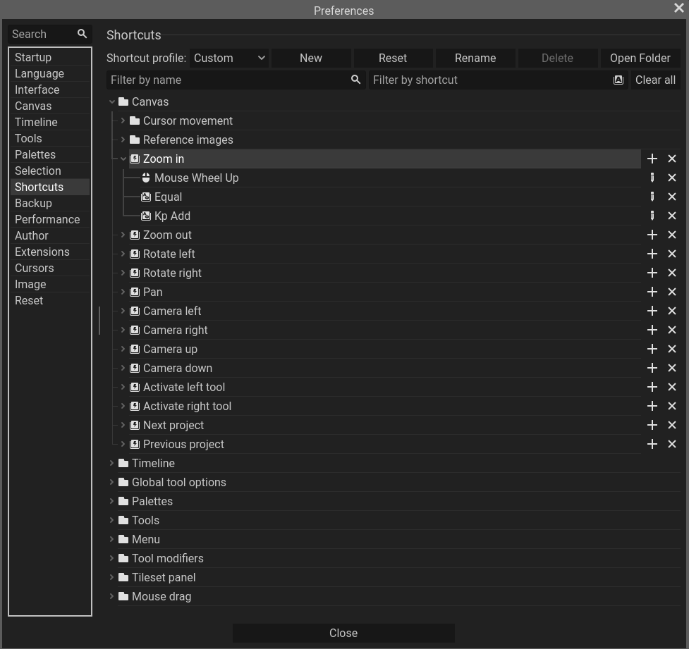 Shortcut settings in the Preferences