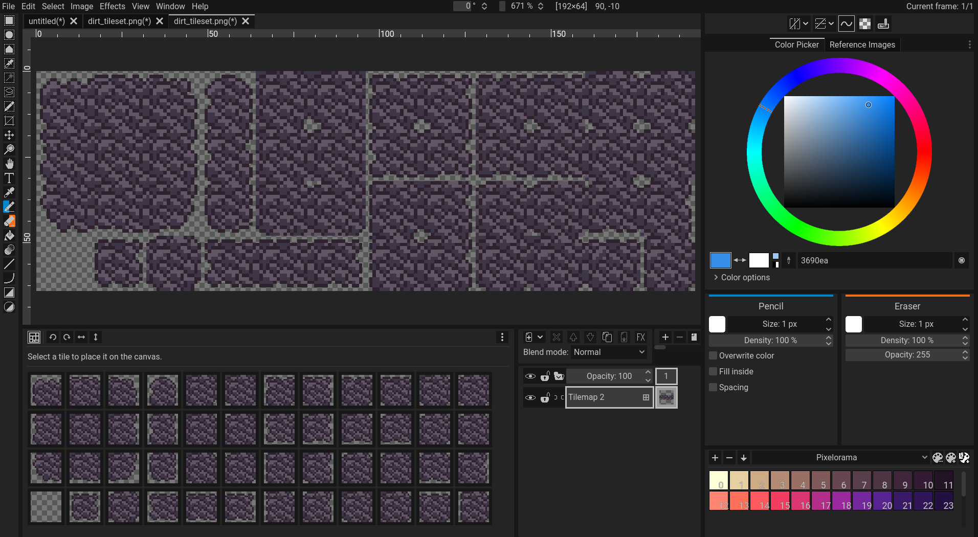 A screenshot of Pixelorama with the tileset panel visible.